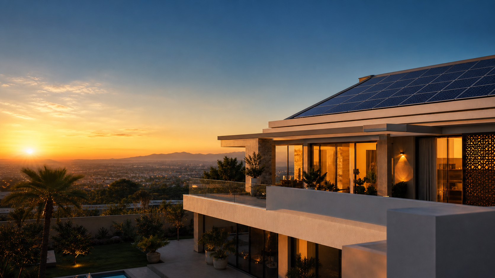 Architecture contemporaine au Maroc avec panneaux photovoltaïques et ambiance de confort énergétique